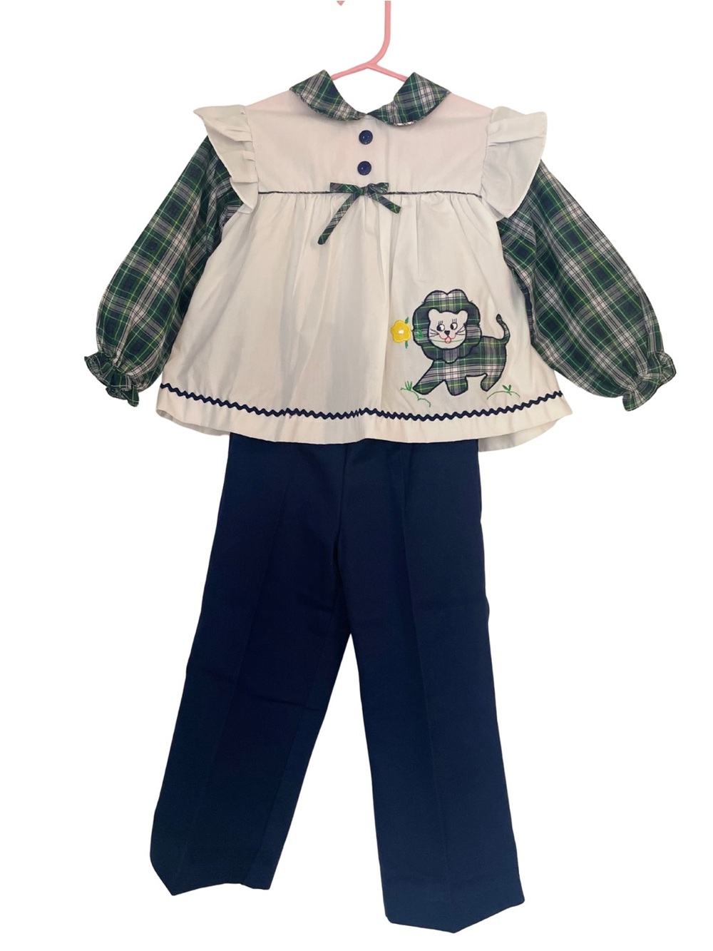 80’s Toddler Two-Piece Outfit with Green Plaid Lion Appliqué